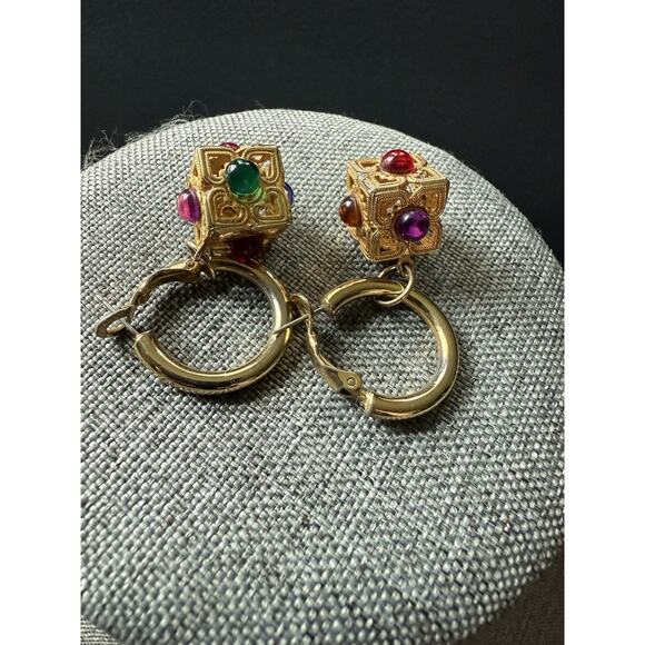 Vintage Modernist Charm Dangle Drop Earrings Clip On Gold Tone Boho Art To Wear - Picture 3 of 4